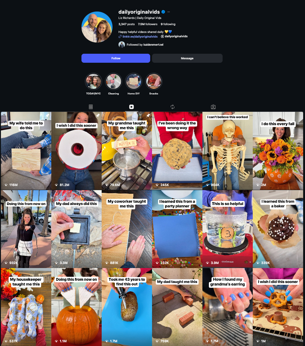 Daily Original Vids Instagram profile and a selection of food, home, and DIY videos with their view counts